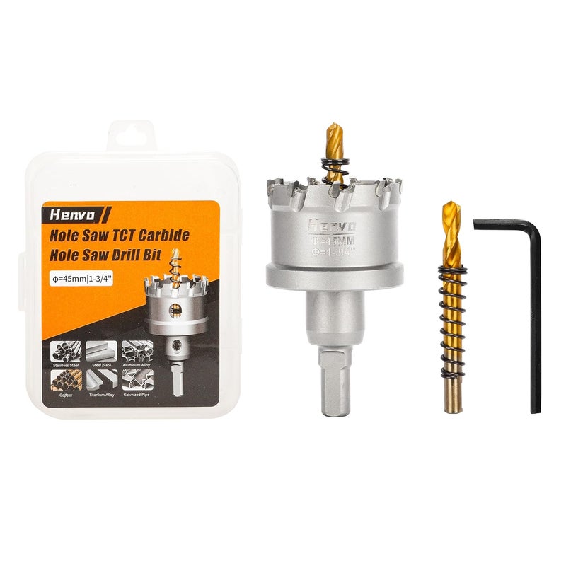 Henvo Hole Saw 1-3/4" (45mm) Heavy Duty Carbide with 2 Pilot Drill Bits - Metal Hole Cutter Cuts Stainless Steel, Iron, Copper, Brass, Plastic - Image 1